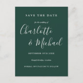 Emerald Green Script Wedding Save the Date Card (Front)