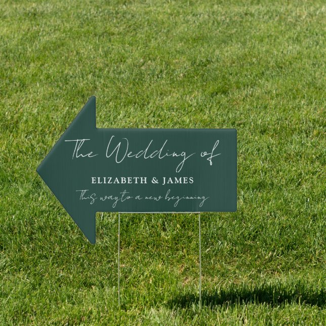 Emerald Green Script Wedding This Way Arrow Sign (Insitu)
