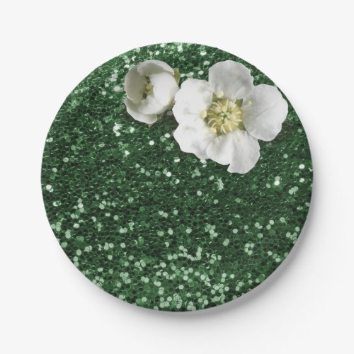 Emerald Green Sequin Floral White Jasmine Glitter Paper Plates