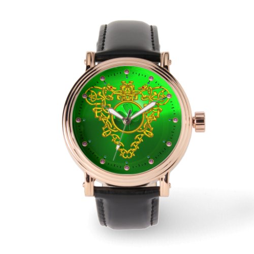 EMERALD GREEN SHAMROCK AND CELTIC HEART GOLD KNOTS WATCH