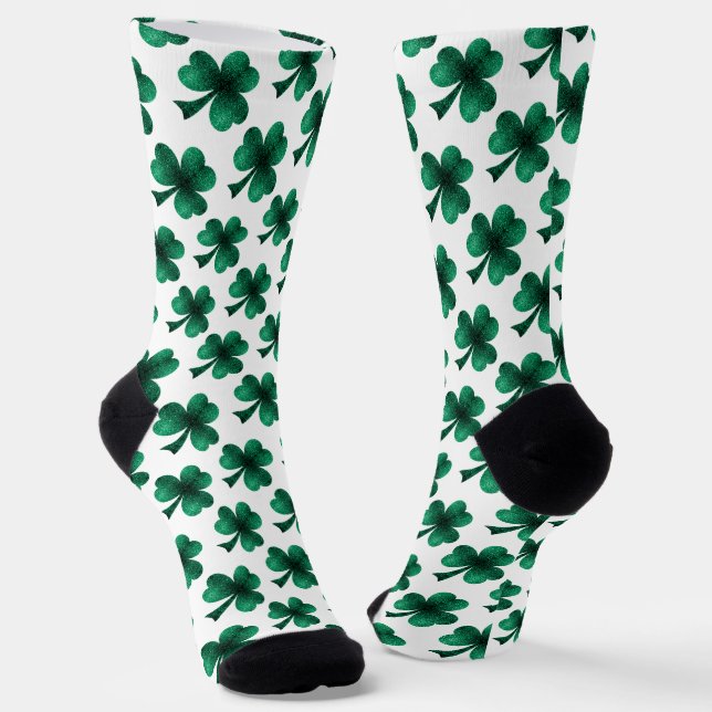 Emerald green shamrock clover sparkles pattern socks (Angled)