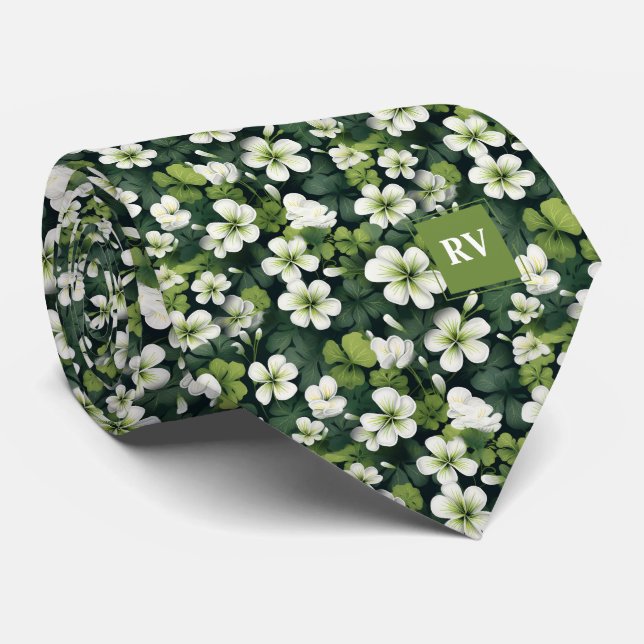 Emerald Green Shamrock Floral Pattern Neck Tie (Rolled)