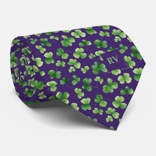 Emerald Green Shamrock Pattern Purple Neck Tie (Rolled)