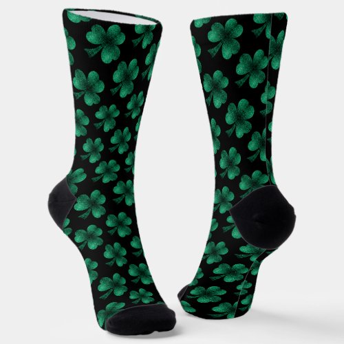 Emerald green shamrock sparkles pattern black socks
