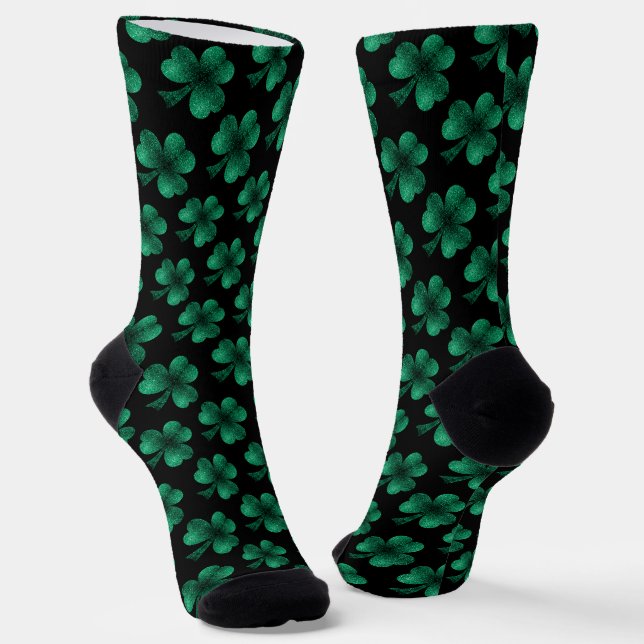 Emerald green shamrock sparkles pattern black socks (Angled)