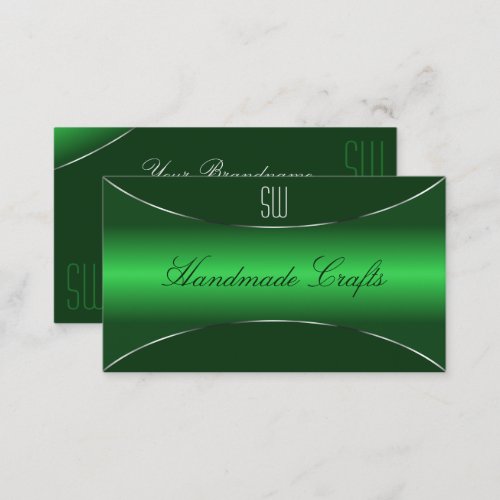 Emerald Green Shimmery Silver Border with Monogram Business Card