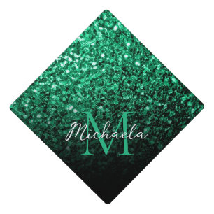 Emerald green shiny faux glitter sparkle Monogram Graduation Cap Topper