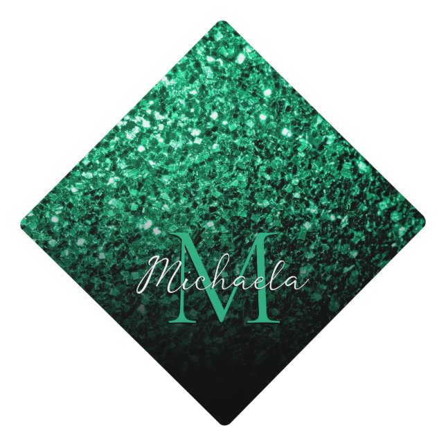 Emerald green shiny faux glitter sparkle Monogram Graduation Cap Topper (Front)