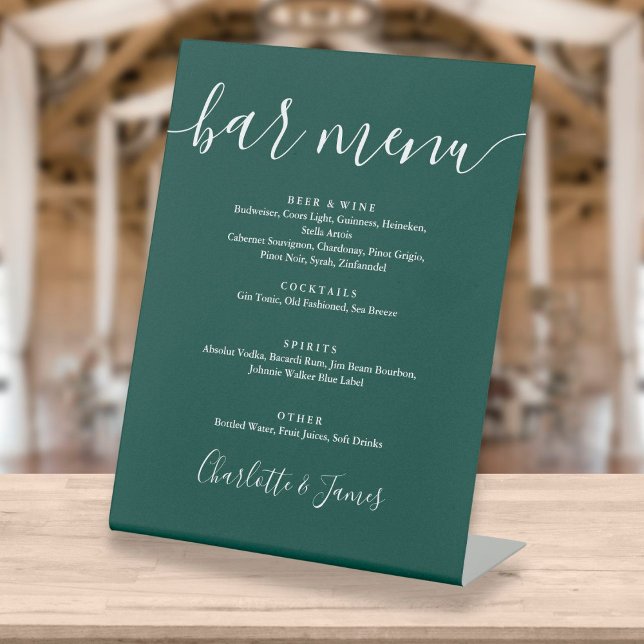 Emerald Green Signature Script Wedding Bar Menu Pedestal Sign (Creator Uploaded)