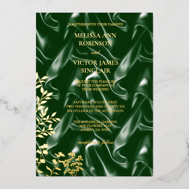 Emerald Green Silk leaf  Foil Invitation (Front)