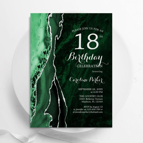 Emerald Green Silver Agate 18th Birthday Invitation