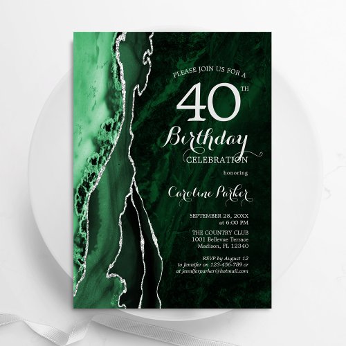 Emerald Green Silver Agate 40th Birthday Invitation