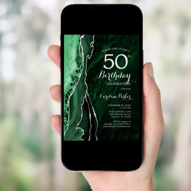 Emerald Green Silver Agate 50th Birthday Invitation (Front Digital)