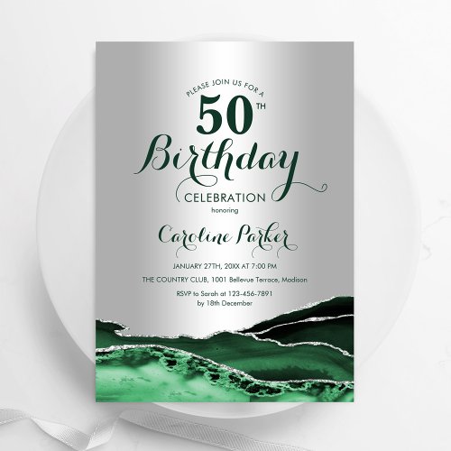 Emerald Green Silver Agate Marble 50th Birthday Invitation