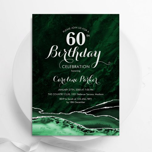 Emerald Green Silver Agate Marble 60th Birthday Invitation