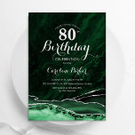 Emerald Green Silver Agate Marble 80th Birthday Invitation<br><div class="desc">Emerald green and silver agate 80th birthday party invitation. Elegant modern design featuring watercolor agate marble geode background,  faux glitter silver and typography script font. Trendy invite card perfect for a stylish women's bday celebration. Printed Zazzle invitations or instant download digital printable template.</div>