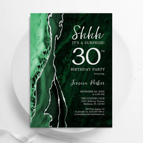 Emerald Green Silver Agate Surprise 30th Birthday Invitation