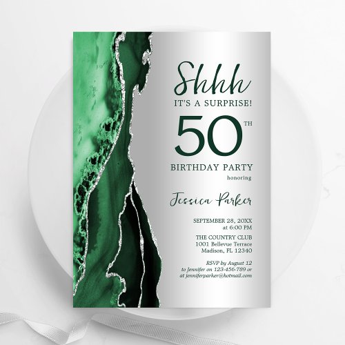 Emerald Green Silver Agate Surprise 50th Birthday Invitation