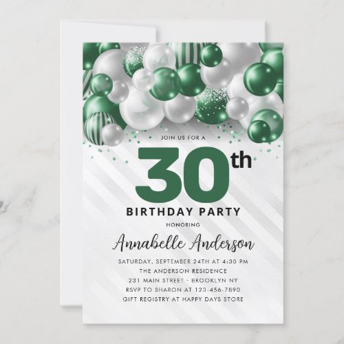 Emerald Green Silver Balloon Glitter 30th Birthday Invitation