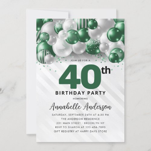 Emerald Green Silver Balloon Glitter 40th Birthday Invitation