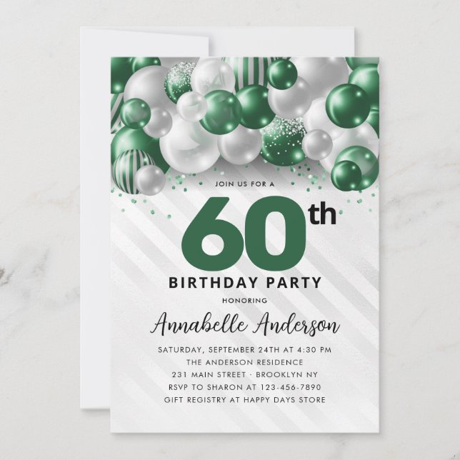 Emerald Green Silver Balloon Glitter 60th Birthday Invitation (Front)