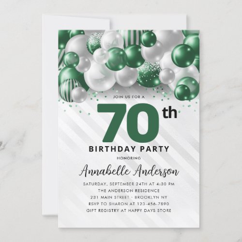 Emerald Green Silver Balloon Glitter 70th Birthday Invitation