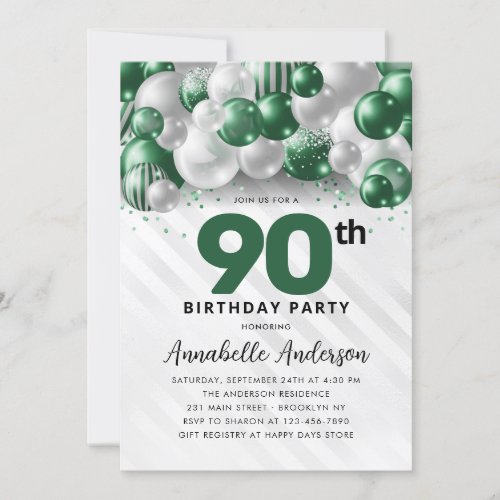 Emerald Green Silver Balloon Glitter 90th Birthday Invitation