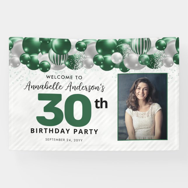 Emerald Green Silver Balloon Glitter Photo Welcome Banner (Horizontal)