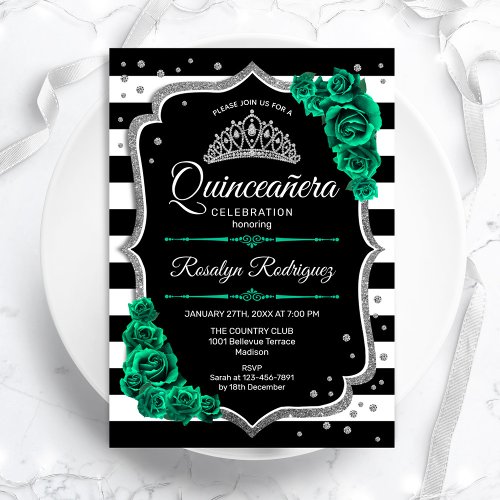 Emerald Green Silver Black Elegant Quinceanera Invitation