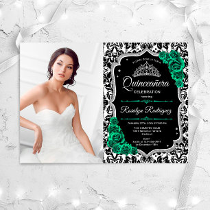 Emerald Green Silver Black Photo Quinceanera Invitation