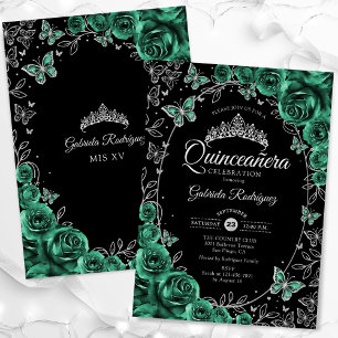 Emerald Green Silver Black Quinceanera Invitation
