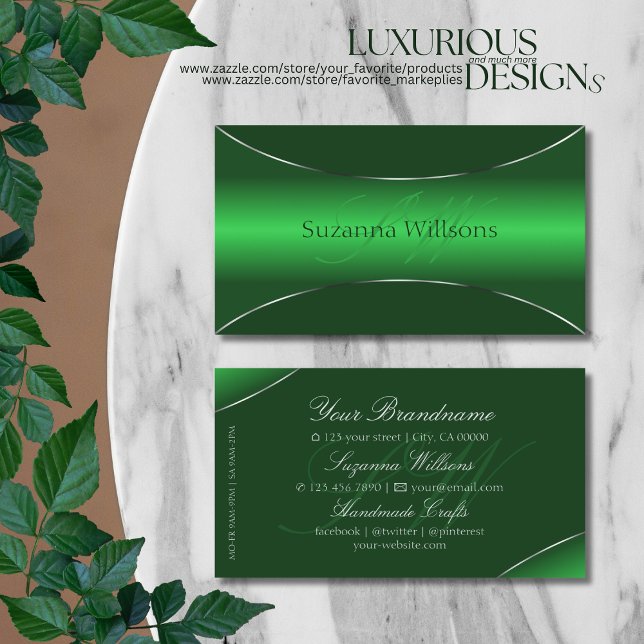 Emerald Green Silver Border with Monogram Stylish Business Card (Creator Uploaded)