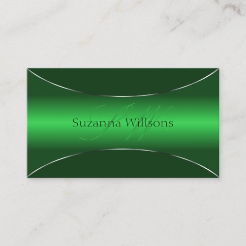 Emerald Green Silver Border with Monogram Stylish Business Card