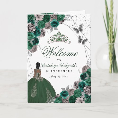 Emerald Green Silver Butterfly Quinceanera Program