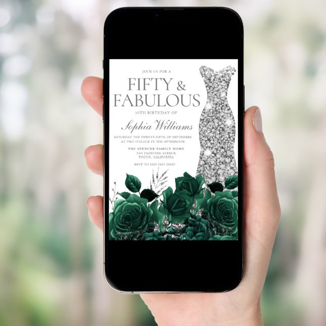 Emerald Green & Silver Dress 50th Birthday Party Invitation (Front Digital)