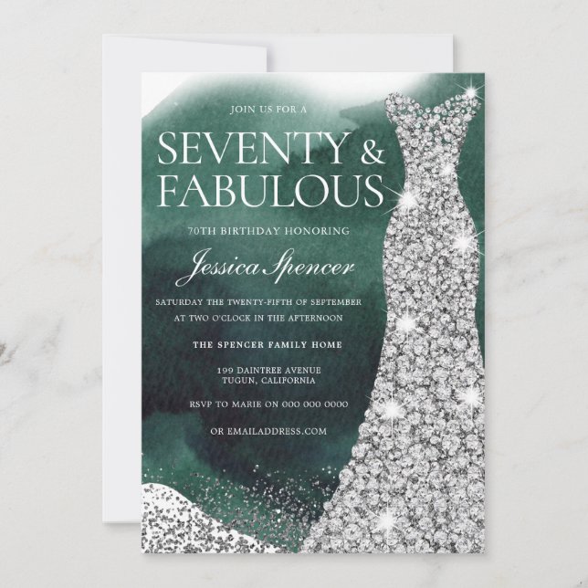 Emerald Green & Silver Dress 70th Birthday Party Invitation (Front)