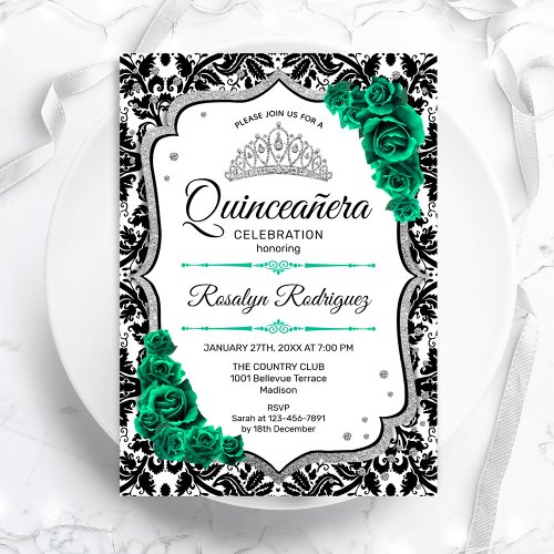 Emerald Green Silver Elegant Damask Quinceanera Invitation