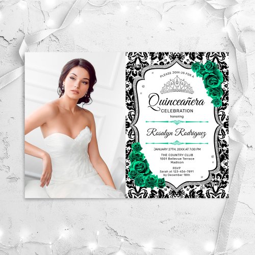 Emerald Green Silver Elegant Photo Quinceanera Invitation