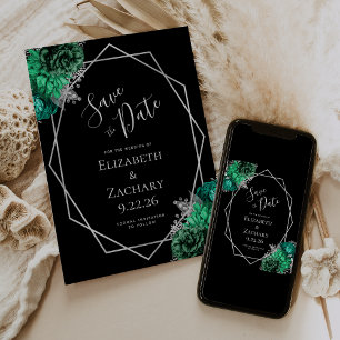 Emerald Green Silver Floral Black Save the Date