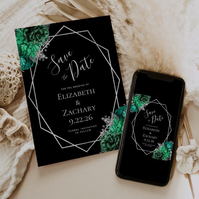 Emerald Green Silver Floral Black Save the Date (Creator Uploaded)