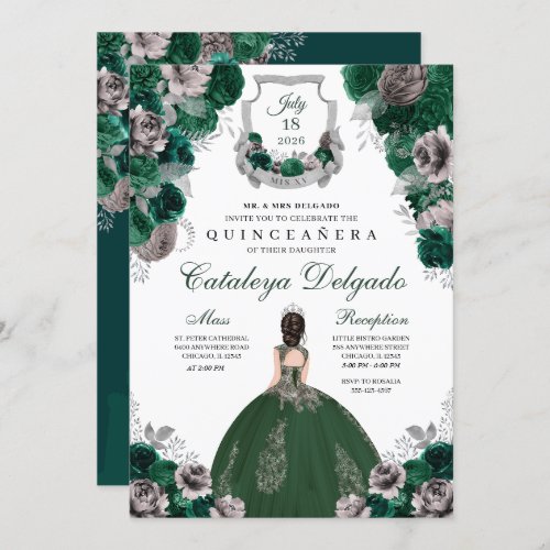 Emerald Green  Silver Floral Elegant Quinceaera Invitation
