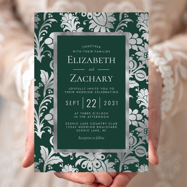Emerald Green Silver Floral Pattern Wedding Invitation (Creator Uploaded)