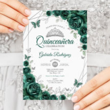 Emerald Green Silver Floral Quinceanera