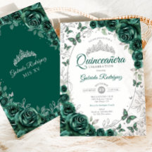 Emerald Green Silver Floral Quinceanera
