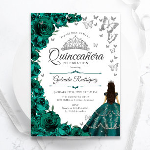 Emerald Green Silver Floral Quinceanera Invitation