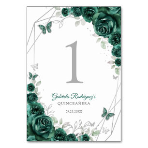 Emerald Green Silver Floral Quinceanera Table Number