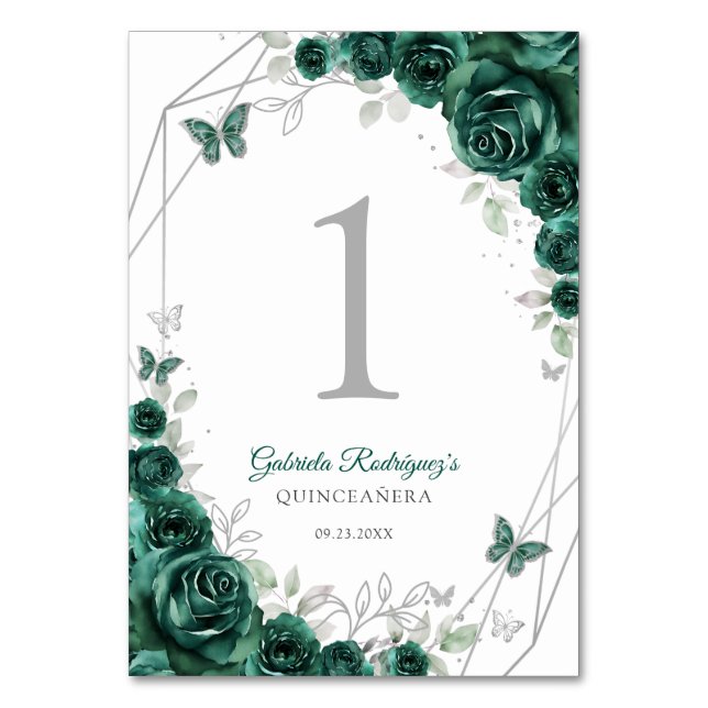 Emerald Green Silver Floral Quinceanera Table Number (Front)
