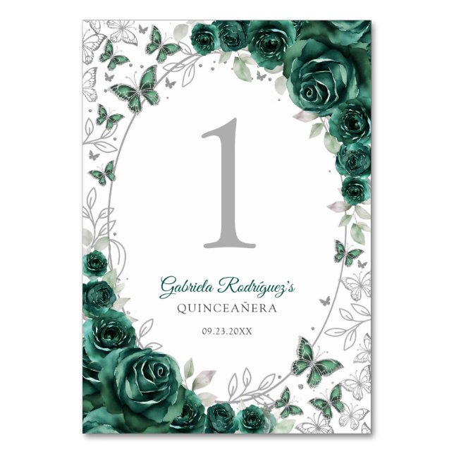 Emerald Green Silver Floral Quinceanera Table Number (Front)