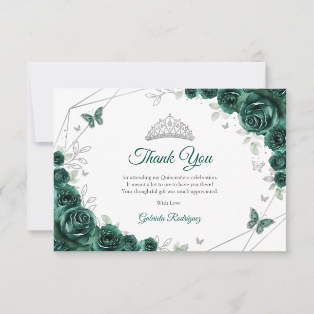 Emerald Green Silver Floral Quinceanera Thank You Card (Front)