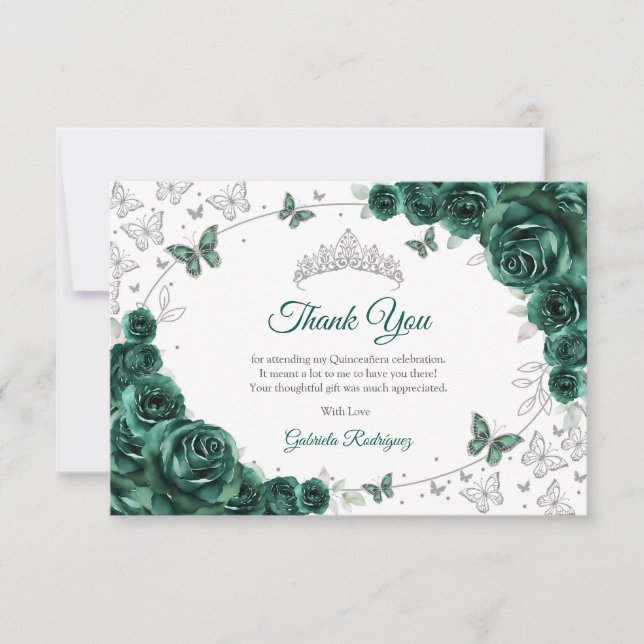 Emerald Green Silver Floral Quinceanera Thank You Card (Front)